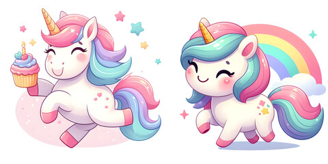 A unicorn is holding a cupcake and a rainbow