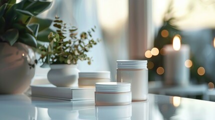 Poster - Organic cosmetic in white jars for beauty treatment Focus on product space for text