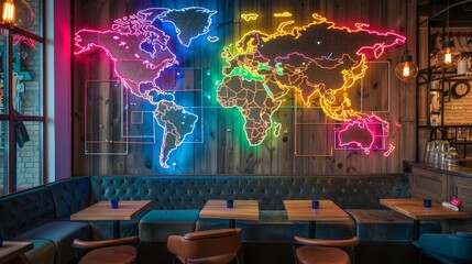 Poster - a neon-lit world map in a trendy with bright colors highlighting major cities and travel routes