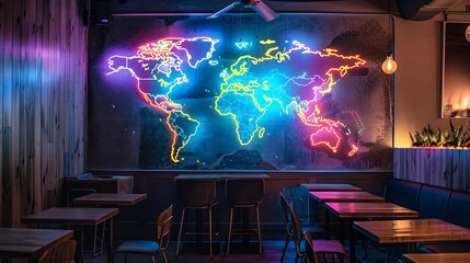 Poster - a neon-lit world map in a trendy with bright colors highlighting major cities and travel routes