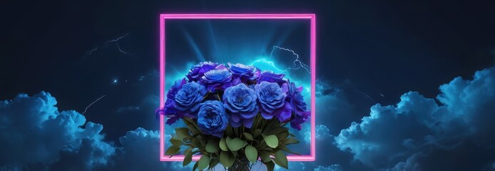 Wall Mural - Blue Roses in Neon Frame with Cloudy Sky.