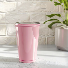 Wall Mural - mockup empty pink glass on table, white wall background, Ai generated Images