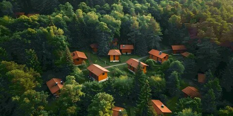 Wall Mural - Birds eye view of small homes in natural setting. Concept Aerial Photography, Tiny Homes, Nature Views, Residential Areas, Landscape Photography