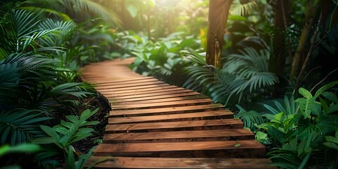 Wall Mural - A fuzzy photo of a wooden pathway meandering through dense tropical rainforest foliage. Concept Nature Photography, Rainforest Wanderlust, Serene Landscapes, Textured Foliage, Scenic Trails