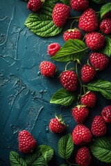 Sticker - Red Raspberries with Green Leaves on a Blue Background