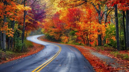 Poster - A picturesque autumn road with trees ablaze in shades of red, orange, and yellow, perfect for a fall drive.