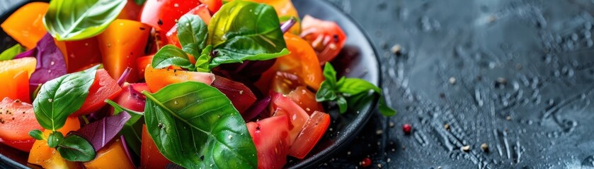 Canvas Print - Fresh Tomato and Basil Salad on Black Plate