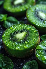 Wall Mural - Close-Up of Fresh Green Kiwi Slices with Water Droplets