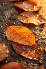 Wall Mural - Autumn Leaves with Dew Drops in Sunlight