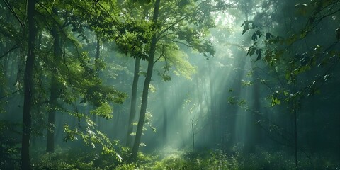 Wall Mural - Morning light filters through misty forest, casting a serene and mystical atmosphere among the trees. Concept Nature, Forest, Mist, Mystical, Serene