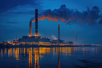 at sunset, the chimney of the power plant by the river emitted thick smoke