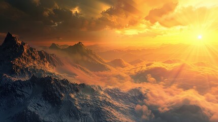 Poster - Golden Sunset Over Snowy Mountain Peaks