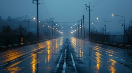 Wall Mural - A rain-soaked road with reflections of streetlights on the wet asphalt, creating a moody and atmospheric scene.