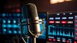 © Photographer - sophisticated broadcasting microphone in an audio creation environment featuring digital sound editing capabilities and abstract voice over waveforms. Podcasting idea.