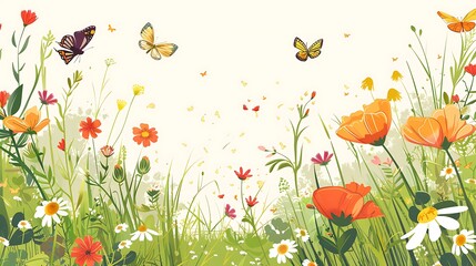 Wall Mural - Background frame with blooming meadow flowers, butterfly and bumblebee in flat style. Generative Ai