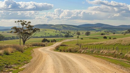 Poster - A rural dirt road meandering through rolling hills and farmland, capturing the tranquility of the countryside.