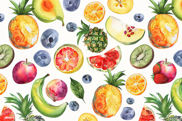 Wall Mural - Tropical fruits pattern. Watercolor illustration.Abstract background.