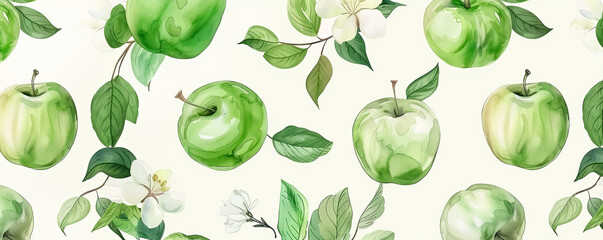 Wall Mural - Fruits pattern. Watercolor summer illustration.Abstract background. Apples banner