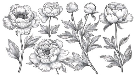 Wall Mural - Collection of sketches of blooming floral plants. Hand drawn vintage peony flowers and leaves in line art style. botanical engraving on white background. Generative Ai