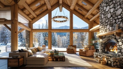 Poster - A rustic cabin-style living room with wooden beams, a stone fireplace, and cozy furniture, creating a warm home.