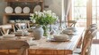 © peerawat - A rustic wooden dining table set with elegant dinnerware and fresh flowers, ready for a family meal in a cozy dining room.