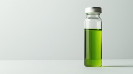 Green liquid in clear vial on white background with space for text Natural light