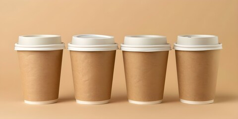 Wall Mural - Craft Paper Coffee Cups Mockup with Lids on Beige Background. Concept Coffee Cups, Mockup, Craft Paper, Lids, Beige Background