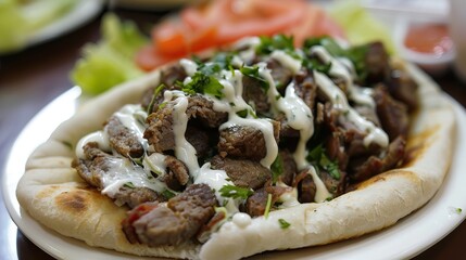 Wall Mural - Greek gyro with seasoned meat onions tomatoes and creamy sauce on a plate served with vegetables