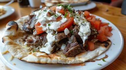 Wall Mural - Greek gyro plate with succulent meat tomatoes onions and a generous drizzle of tzatziki sauce