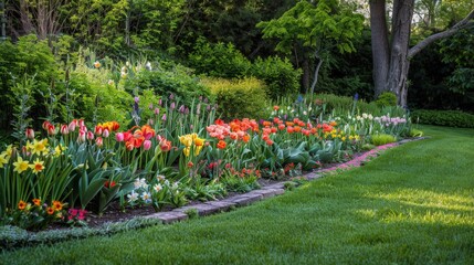 Sticker - A serene Easter garden with blooming tulips, daffodils, and lilies, symbolizing the renewal of spring.