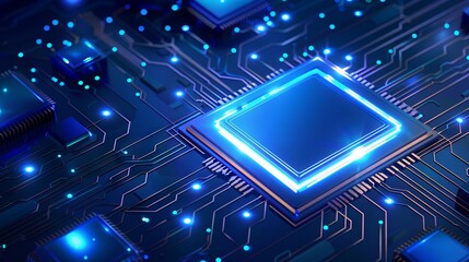 Poster - glowing light blue neon ai chip with thin circuit contact lines. ai chip on technology background. a