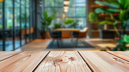 Wall Mural - Office advertising space on a wooden table with a blurred background of a sleek, modern office meeting area.