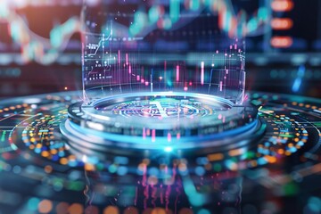 Poster - Futuristic digital interface with analytical charts, graphs, and holographic display. Concept of technology and data visualization.