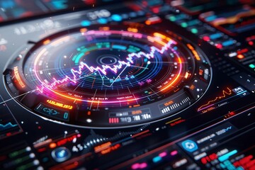 Poster - Futuristic digital financial stock market data displayed in a vibrant and colorful visual interface showing market trends and analytics.