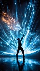 Poster - Silhouette of person holding glowing light in a dynamic blue light show with vibrant patterns and motion.