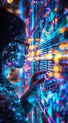 Poster - Woman interacting with data visualization on a large digital screen, representing futuristic technology and data analysis in vibrant colors.