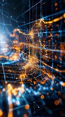 Poster - Abstract digital interface with glowing blue and orange lines and curves, representing data flow and technology in a futuristic design.