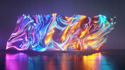 Poster - Vibrant abstract light installation with colorful, wavy patterns illuminating a dark room, creating a mesmerizing and futuristic atmosphere.