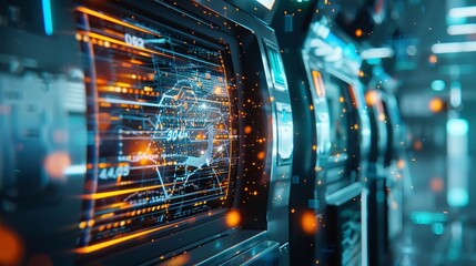 Poster - Futuristic server racks with orange-blue digital interface overlays, showcasing advanced technology and data processing systems.