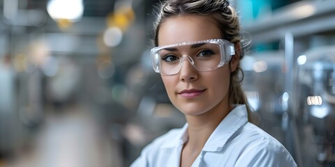 Wall Mural - Caucasian woman in factory wearing protective gear surrounded by blurred machinery. Concept Portrait Photography, Industrial Setting, Safety Equipment, Blurred Background, Caucasian Woman