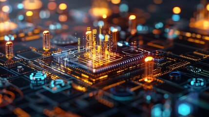 Poster - Close-up of a glowing microchip on a circuit board, showcasing illuminated circuitry and technology in a futuristic setting.