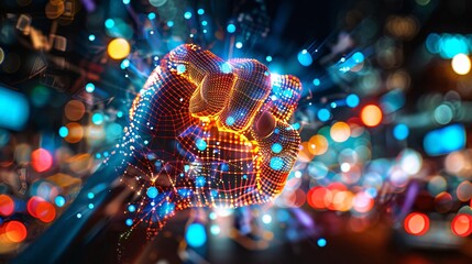 Poster - Futuristic digital depiction of a hand amidst colorful lights and data points, symbolizing technology, innovation, and connectivity.