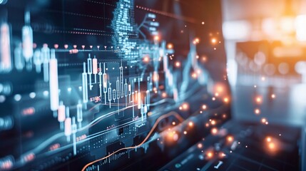 Poster - Futuristic digital financial graph hologram with glowing data, representing stock market fluctuations, on a blue-toned abstract background.