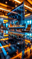 Poster - Vibrant graph display on a modern computer screen in a futuristic setting, showcasing financial data and technology trends.
