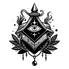 Mystical Eye Emblem with Geometric Shapes and Floral Elements in Black and White Illustration