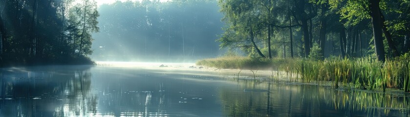 Wall Mural - Misty Morning on a Tranquil Lake