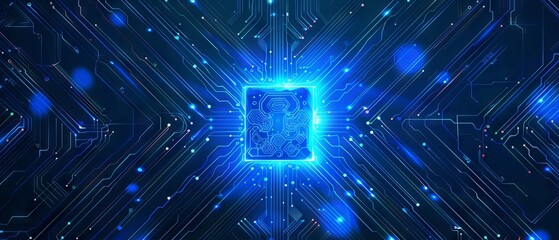 Poster - AI chip and two recycle digital arrows. Abstract digital AI processor in low poly wireframe with neon blue lights effects. Technology background. Artificial Intelligence concept. 