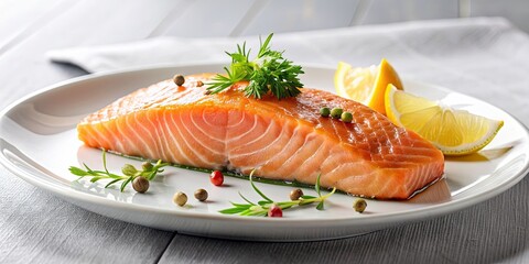 Wall Mural - Salmon fillet served on a white plate , food, seafood, gourmet, cuisine, healthy, delicious, meal, dinner, restaurant