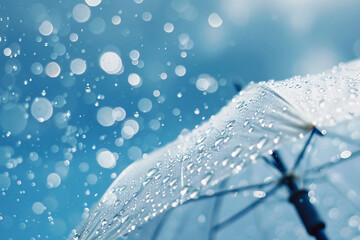Poster - Close-up of an umbrella in the rain, with water droplets on it and a blurred background, copy space for text in the style of bokeh effect.