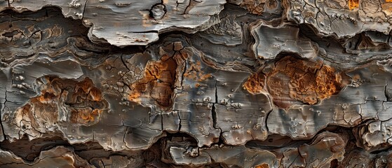 Wall Mural - Panoramic close-up, high detail scan of intricate cedar tree bark texture, Generative AI